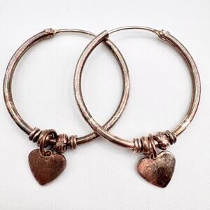 Vintage Silver Heart Charm Hoop Earrings Heavy Patina Tested 1 5/8” 4.69 grams